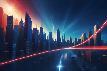 Futuristic Cityscape with Neon Light Trail and Aurora Sky

