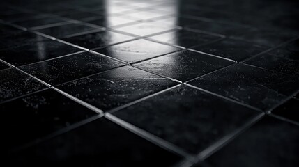 A sleek black tile surface showcases polished reflections and intricate textures, creating a rich ambiance. The gentle light enhances the artistic appeal of this elegant flooring detail