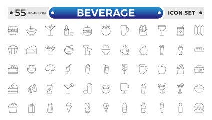 Soft Drinks and Beverage Outline Icon Pack. Contains Icons of Beer, Cocktail, Bottle that Can Be Used for Design of Cards, Posts, Apps, Web Sites. Editable stroke outline icon.

