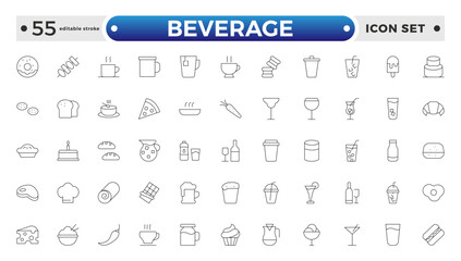 Soft Drinks and Beverage Outline Icon Pack. Contains Icons of Beer, Cocktail, Bottle that Can Be Used for Design of Cards, Posts, Apps, Web Sites. Editable stroke outline icon.
