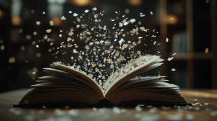 Open book with pages flying, symbolizing stories and imagination. scene captures magic of reading and power of literature
