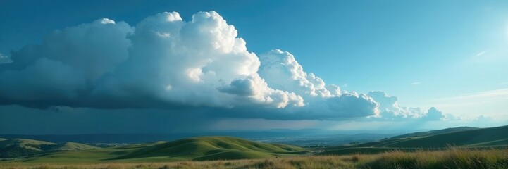 Rolling cumulonimbus clouds across the horizon in shades of gray and blue, landscape photography, rolling hills