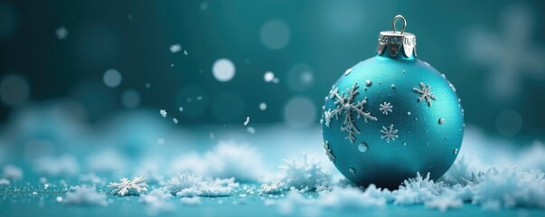 Snowflakes gently falling around teal blue Christmas ornament, crystal, blue, gentle