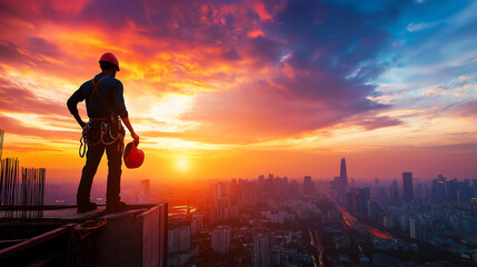Fototapeta premium Construction Worker Overlooking Cityscape at Sunset on Urban Building Site