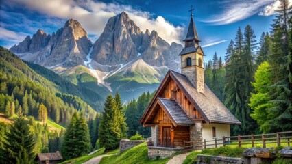 Serene Mountain Chapel Nestled Amongst Lush Evergreen Trees and Majestic Peaks Under a Vibrant Sky