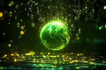 A glowing green globe suspended in a cascade of glowing water, each droplet containing a tiny reflection of the Earth.