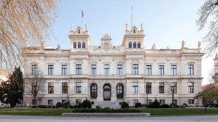 Obraz premium Ornate neo-renaissance palace facade stands under a clear blue sky in a public park during daytime.