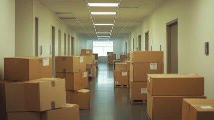 Office Relocation with Cartons and Empty Space. Realistic Workspace Transition.