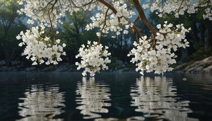 Stunning white petals of tree reflected on water, botanical garden, tranquil garden, spring colors