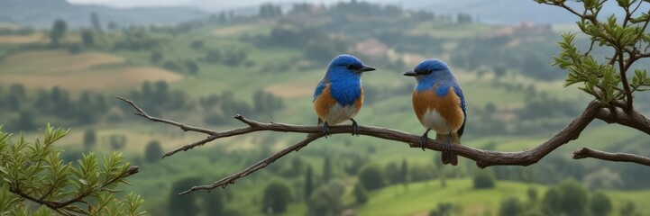 Obraz premium Small blue bird laying on a branch in Tuscany's rolling hills, italy countryside, forested hills, tuscany
