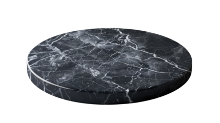 Round black marble platform on transparent background for product placement