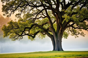 Obraz premium A large, majestic tree with sprawling branches stands in a foggy field surrounded by serene natural beauty under soft morning light.