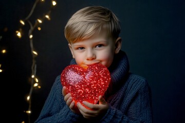 Naklejka premium Ð¡hildren valentine's day greeting card: child boy with smirk face holds red heart in hands. Sign of love. Commercial promotion creative design idea. Child playing with heart. Love and kids.