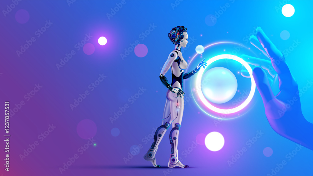 Fototapete Woman robot, cyborg with AI analysis big data. AI or artificial intelligence learning concept. AI technology. Computer neural network training in image of female robot. Machine Deep learning AI Robot.