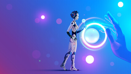 Obraz premium Woman robot, cyborg with AI analysis big data. AI or artificial intelligence learning concept. AI technology. Computer neural network training in image of female robot. Machine Deep learning AI Robot.