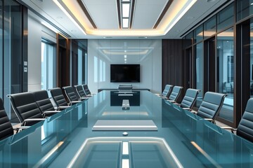 Elegant and contemporary corporate boardroom interior featuring a large glass table, executive chairs, and advanced technology
