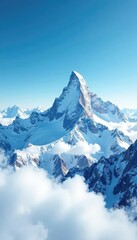 Fototapeta premium Snow-covered mountain peak in the distance with blue sky and clouds, bluish hues, snow capped peaks, calm atmosphere