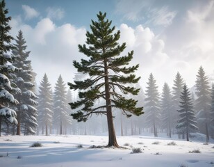 tall pine tree against a snowy winter background, winter wonderland, snow-covered landscape, pine tree