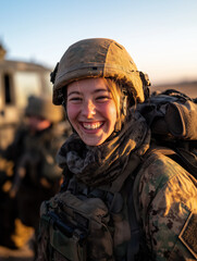 Naklejka premium joyful female soldier in military gear smiles brightly in sunlight