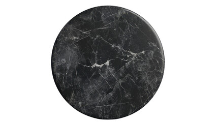 Round black marble surface with white veins on transparent background