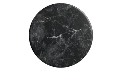 Round black marble surface with white veins on transparent background