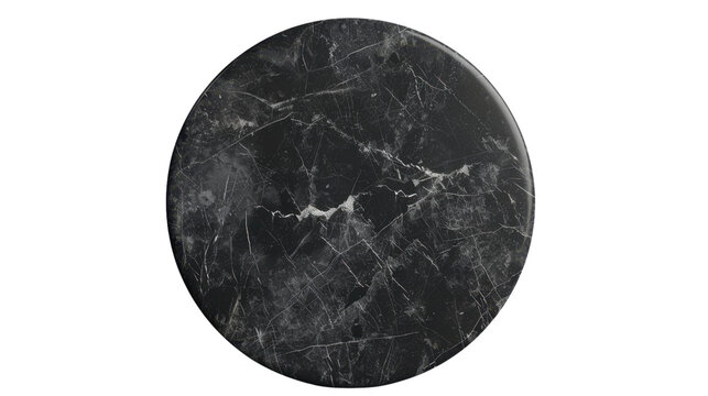 Round black marble surface with white veins on transparent background