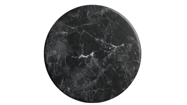 Round black marble surface with white veins on transparent background