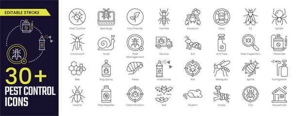 Pest Control Stroke icon collections. Containing Pest Control, Eco Friendly, Termite, Scorpion, Toxic, Fly Spider, Pest Management, Service and more icons. Editable Stroke icon collection Outline icon