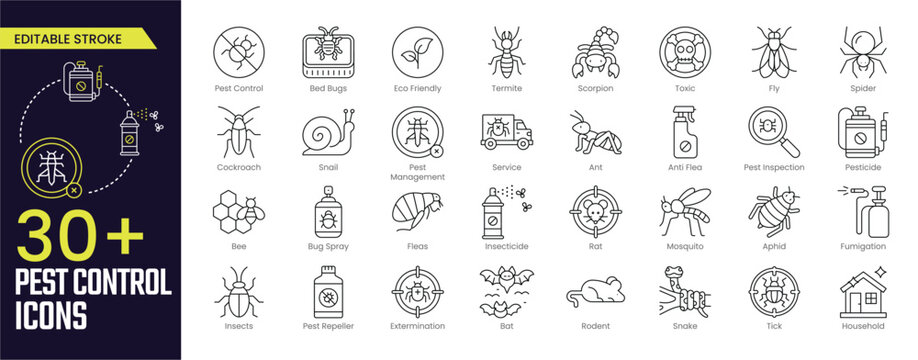 Pest Control Stroke icon collections. Containing Pest Control, Eco Friendly, Termite, Scorpion, Toxic, Fly Spider, Pest Management, Service and more icons. Editable Stroke icon collection Outline icon