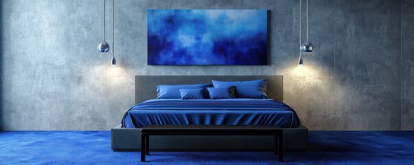 A minimalist bedroom with anthracite concrete walls and cobalt blue accents
