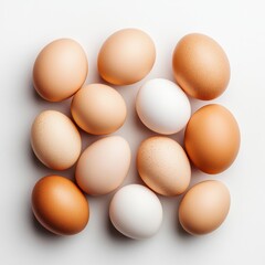 Fresh Organic Eggs in Various Sizes and Colors Arranged on a White Background for Culinary Inspiration