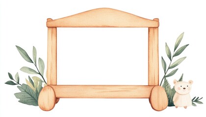 Playful wooden frame surrounded by greenery and a cute bear, ideal for children's artwork display
