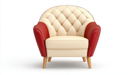 Cream and Red Tufted Armchair with Wooden Legs on White Background
