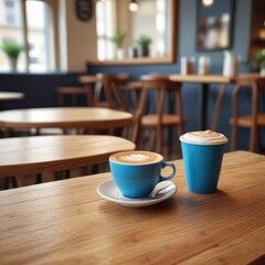 Fototapeta premium Soft focus shot of a wooden table setup in a cafe with a blue cup containing a rich and creamy cappuccino, cappuccino, wooden table