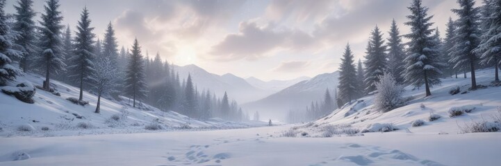 Fototapeta premium Soft Focus Winter Landscape with Descending Snowflakes , soft focus winter landscape snowflakes descending, peaceful scene, soothing atmosphere