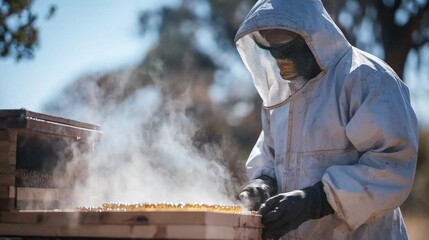 Amidst a tranquil landscape, a dedicated beekeeper in protective gear works diligently, using a smoker to calm bees during hive inspection. Golden honey glistens in the sunlight