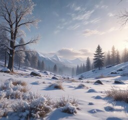 Softly falling snowflakes gently cover the winter landscape , winter wonderland, serene landscape, frosty landscape