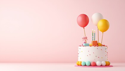 Festive birthday cake adorned with colorful balloons and decorations against a soft pink backdrop
