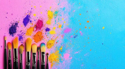 Colorful Holi Festival Poster with Artistic Watercolor Splashes and Paintbrushes