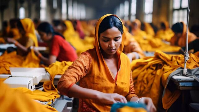 Asian Indian seamstress female workers in textile factory.
