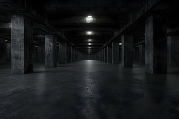 Dark concrete parking garage interior