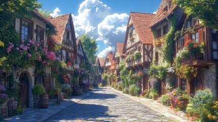 Fototapeta premium Picturesque Village Lane with Vibrant Flowered Houses. Generative AI