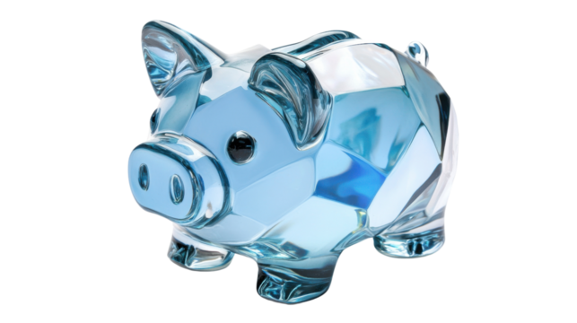 Transparent glass piggy bank symbolizing savings and investment on transparent background - Powered by Adobe