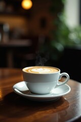 Fototapeta premium A single cup of cappuccino on a dark wood table, coffee table, ambiance