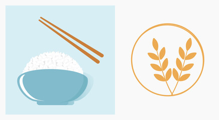 Rice bowl with chopsticks and rice or wheat logo sign vector.