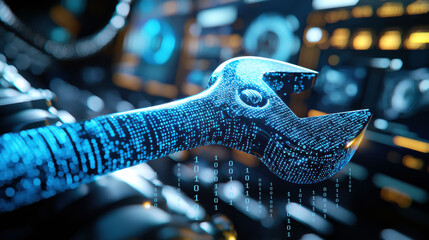 close up view of digital wrench in futuristic workshop, showcasing technology and innovation