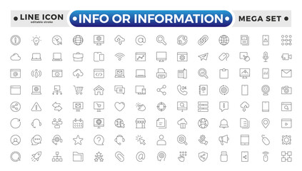 Info or Information outline icon set. Collection of help signs. Containing info, help, inform, support, news, instructions and notice icons. Online help, helpdesk. Editable stroke outline icon.