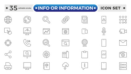 Info or Information outline icon set. Collection of help signs. Containing info, help, inform, support, news, instructions and notice icons. Online help, helpdesk. Editable stroke outline icon.
