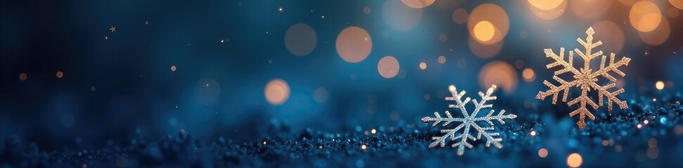 Fototapeta premium Glittering snowflakes on a dark blue background with sparkling golden bokeh, icy, sparkles, golden hue