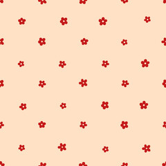 Cute romantic pattern. Small red flowers on beige background. Cute vector seamless texture. Template for wrapping paper or textile